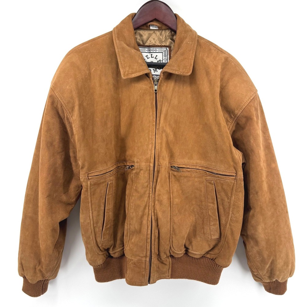 90s Suede Leather Pelle Uomo Bomber Jacket Men M Tan Brown Vintage Full Zip Coat